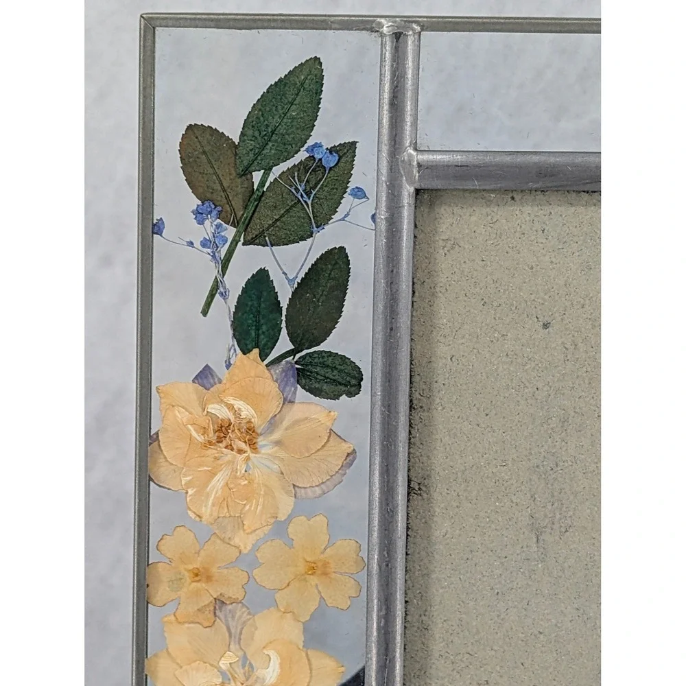 Pressed Flower Glass Picture Frame Silver Yellow Floral Cottagecore 7.75x7